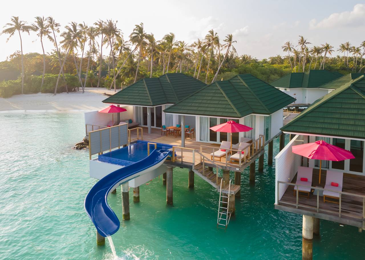 overwater bungalow with pool and slide